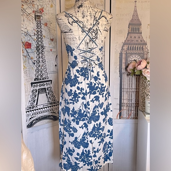 Boho Floral Blue On White Inlay With Velvet Adjustable Trim & Straps Midi Dress - Picture 3 of 11